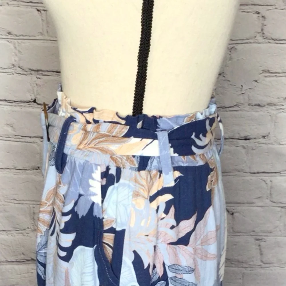 Aeropostale Blue Tan Leaf Print Paperbag Belted Skirt Small